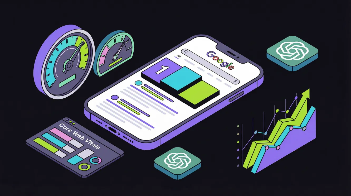 Isometric 3D illustration showing mobile SEO with a smartphone displaying a number one Google search result, surrounded by a Core Web Vitals performance.