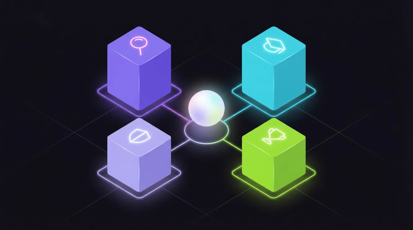 Isometric illustration of four interconnected pillars representing the E-E-A-T components, experience, expertise, authoritativeness and trustworthiness, surrounding a central AI and search hub.