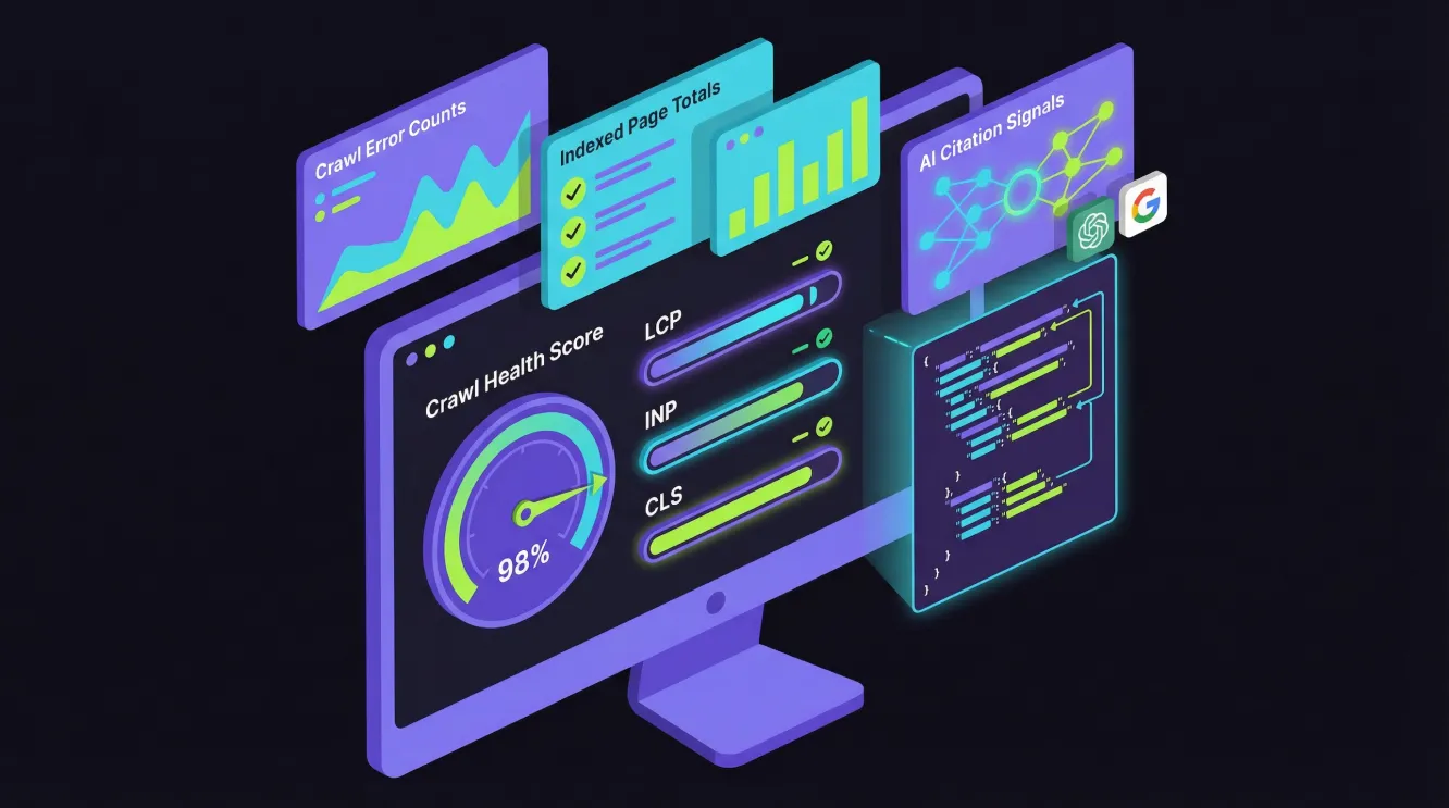 Isometric 3D illustration of an SEO technical audit showing a website crawl dashboard with crawl errors, Core Web Vitals scores and schema markup indicators on a dark purple background with purple, cyan and lime green accents.