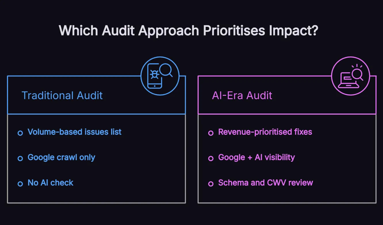 Isometric 3D comparison diagram showing traditional SEO technical audit versus AI-era technical audit with different components highlighted in purple and cyan on a dark background.