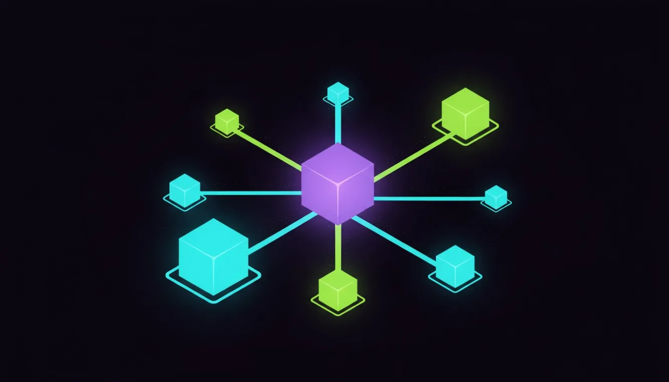 Isometric illustration of interconnected website nodes representing backlinks and domain authority in SEO.