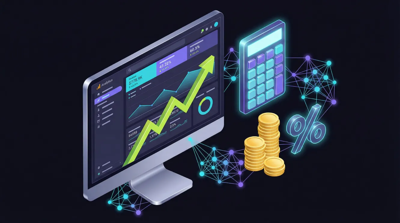 Isometric 3D illustration showing SEO ROI dashboard with upward trending revenue graph, Google Analytics data on computer monitor, calculator and currency symbols in purple, cyan and lime green on dark background.