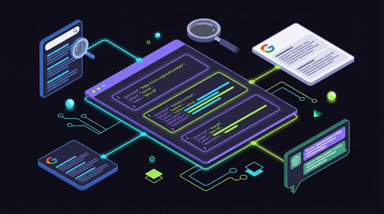 Isometric 3D illustration showing schema SEO structured data with JSON-LD code blocks, search engine interface, AI citation bubbles in purple, cyan and lime green on a dark background.