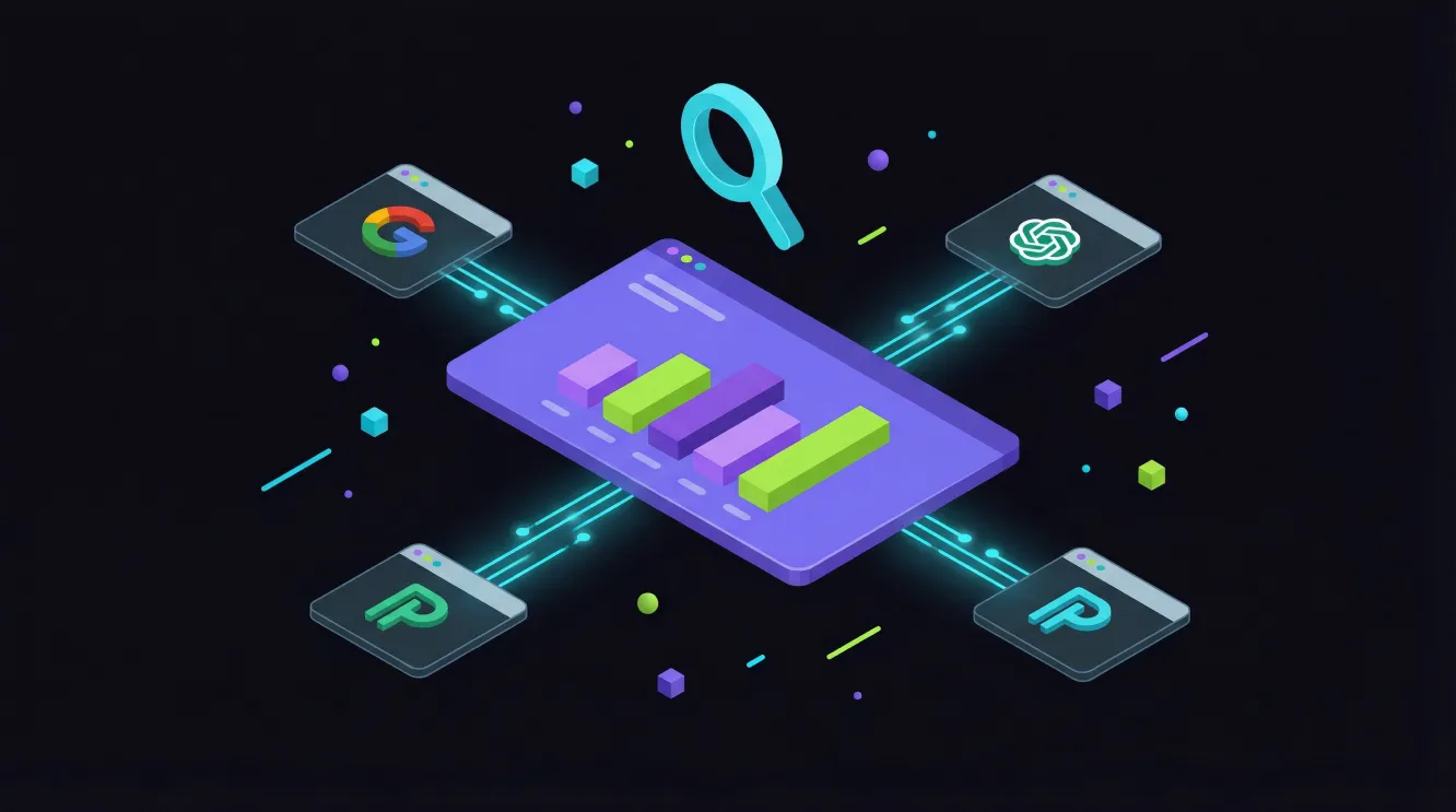 Isometric 3D illustration showing SEO KPI dashboard with charts, rankings and AI citation metrics.