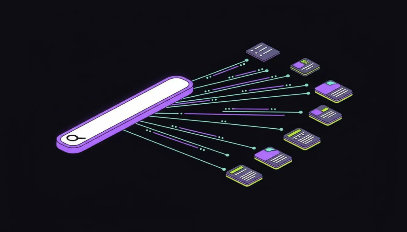 Isometric 3D diagram showing Google AI Mode's query fan-out technique breaking a single search query into multiple parallel sub-queries on a dark background.