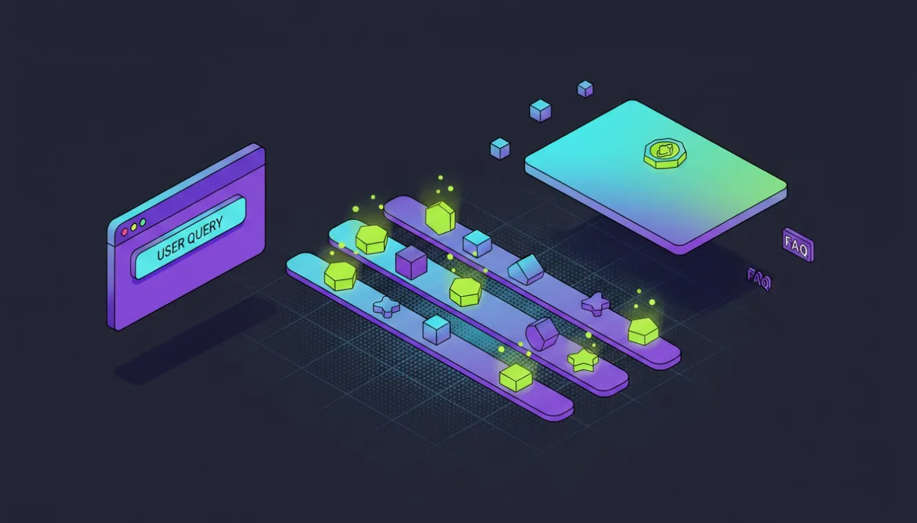 Isometric illustration of ChatGPT search interface with citation ranking signals flowing into a branded content result.