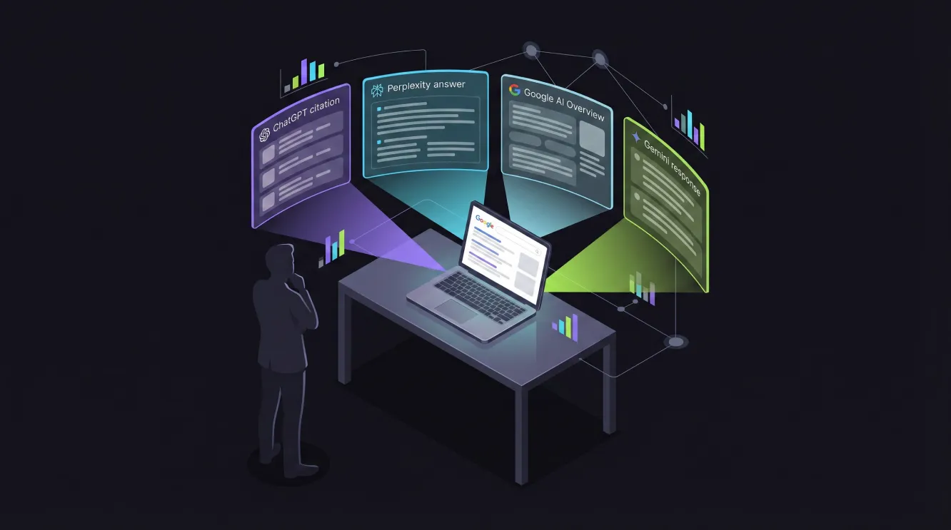 AI SEO consultant reviewing Google rankings and AI platform citations on a unified dashboard.