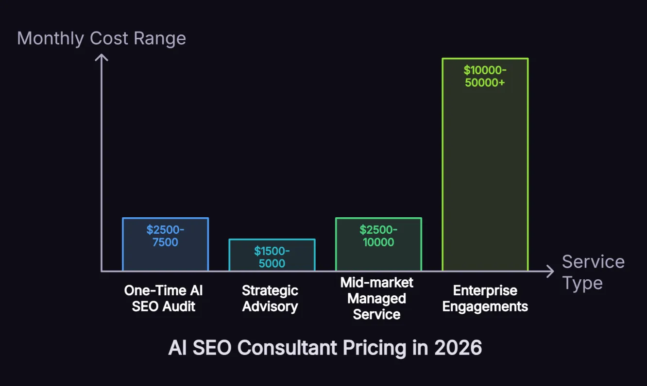 AI SEO consultant pricing tiers showing strategic advisory, mid-market managed service and enterprise monthly retainers for 2026.