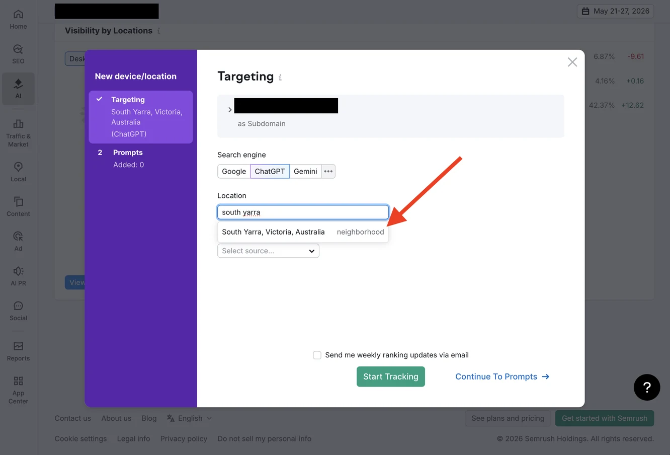 Semrush One AI Visibility Toolkit targeting a prompt at neighbourhood level (South Yarra, Victoria).