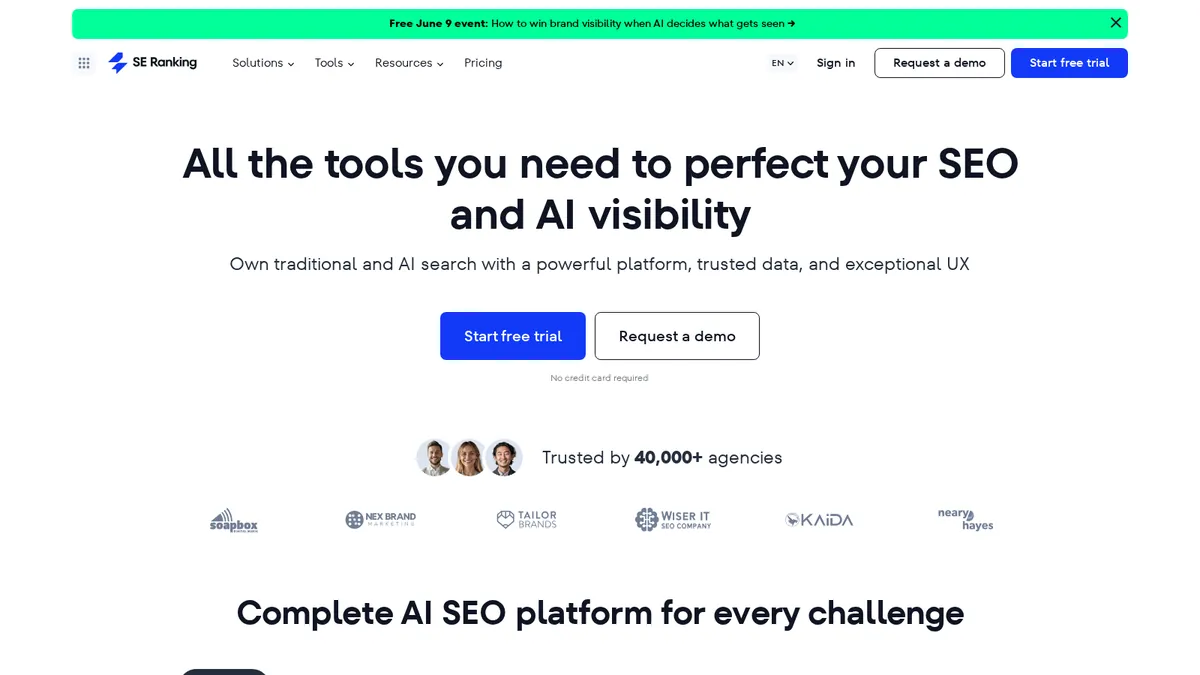 SE Ranking homepage showing its value SEO and AI visibility combined