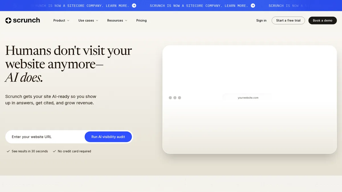 Scrunch AI homepage showing its enterprise multi-engine AI visibility monitoring