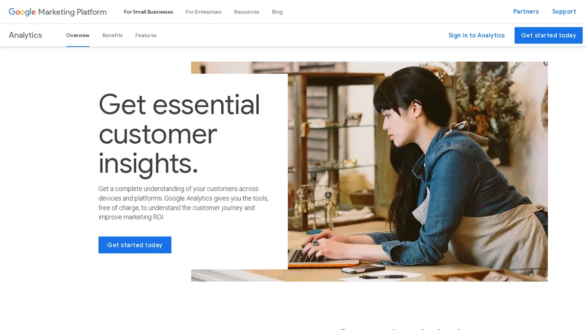 Google Analytics 4 homepage showing its first-party AI referral and conversion analytics