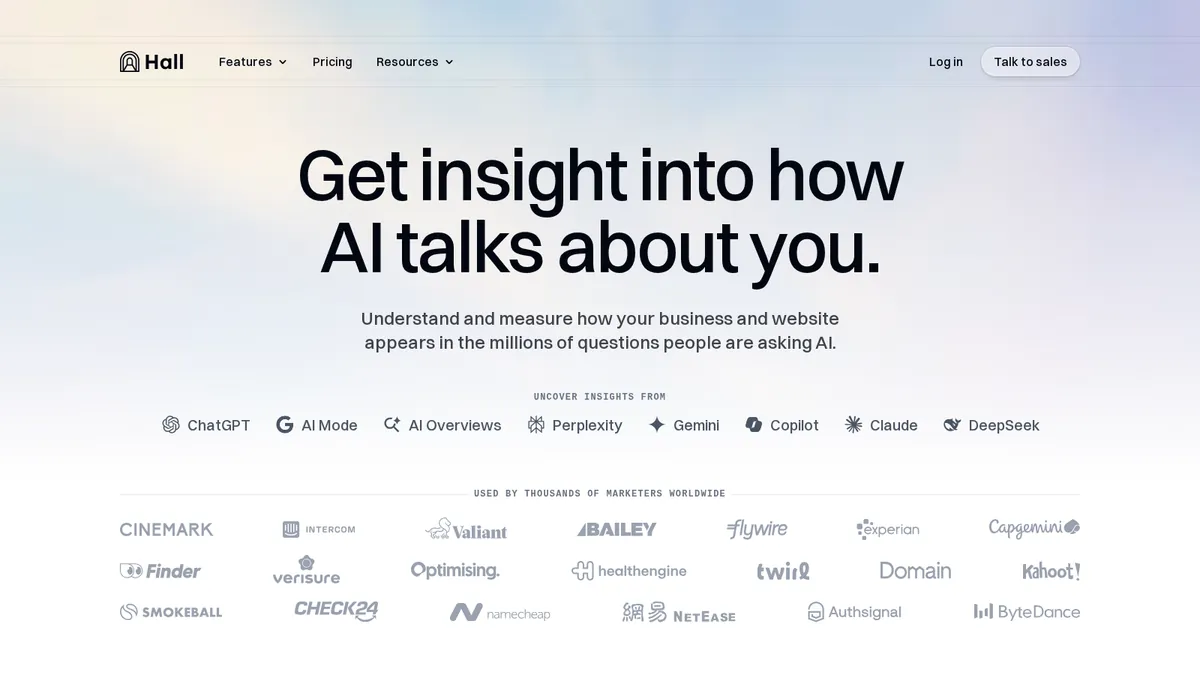 Hall homepage showing its Australian-built generative engine optimisation platform