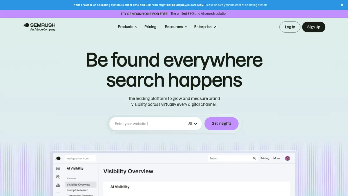 Semrush One homepage showing its all-in-one SEO and AI visibility platform