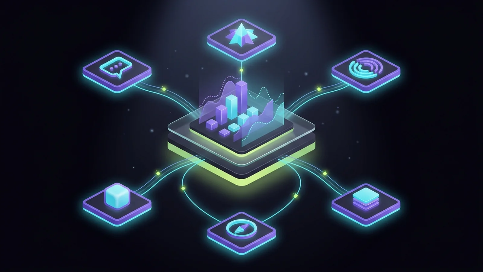 Isometric 3D editorial illustration of an AI visibility tracking platform with data streams connecting to ChatGPT, Gemini, Perplexity, Claude, Copilot and Google AI Overviews.