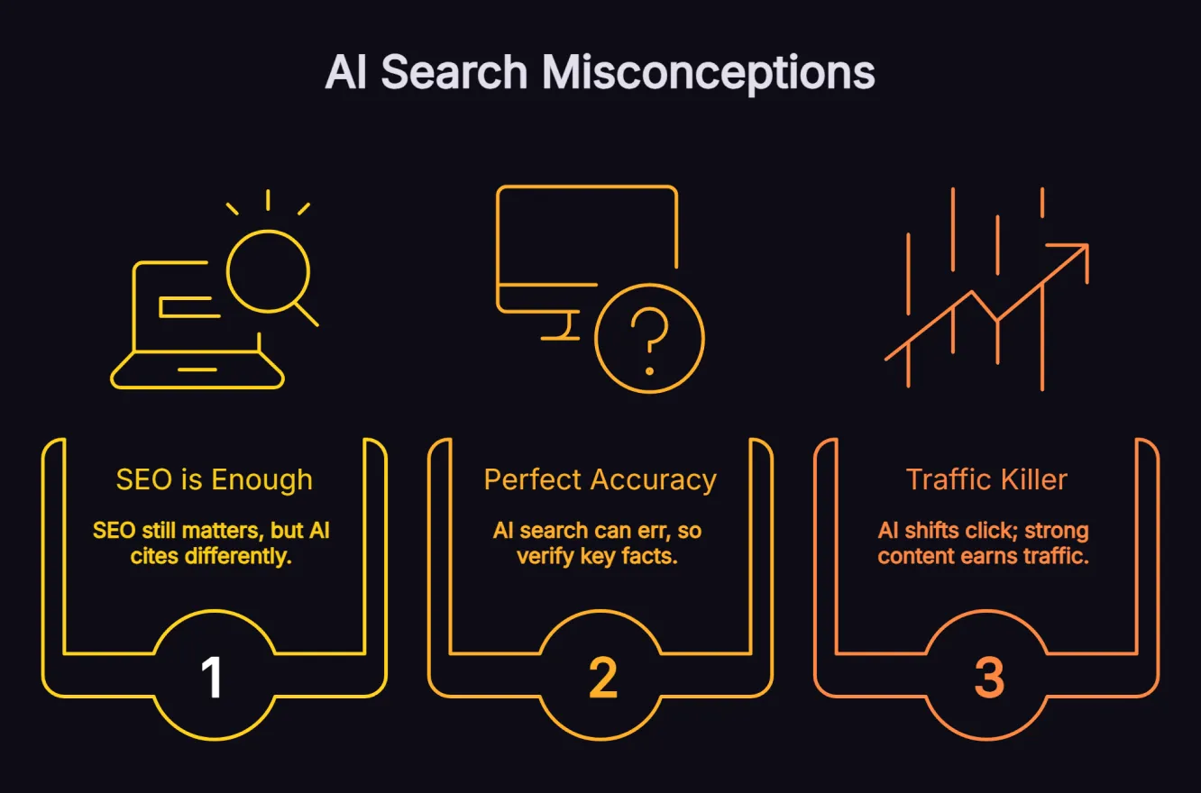 AI search misconceptions infographic showing SEO visibility, accuracy and traffic impact.