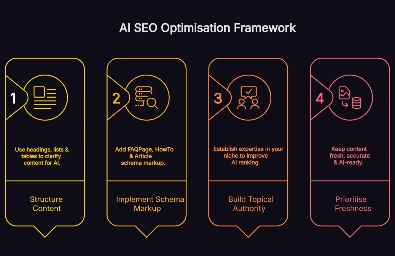 Four-step AI SEO optimisation framework showing content structure, schema markup, E-E-A-T signals and freshness priorities.