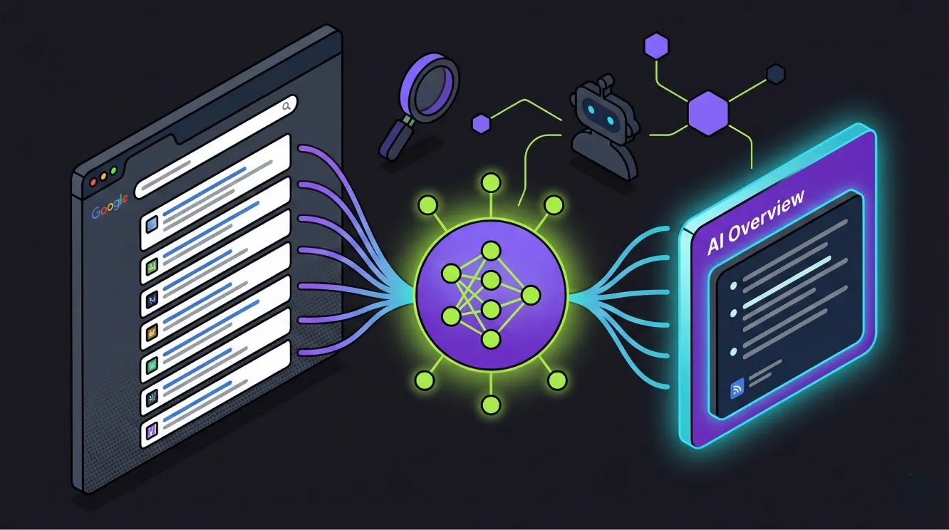 Isometric 3D illustration showing how AI impacts SEO in 2026 with content passage extraction flowing to both traditional search results and AI chat interfaces.