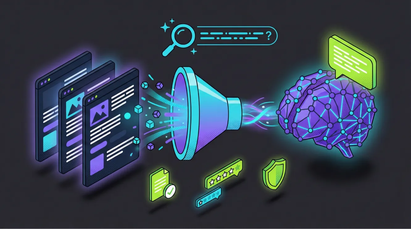 Isometric 3D illustration showing AI search ecosystem with interconnected platforms including Google AI Overviews, ChatGPT, Perplexity and Microsoft Copilot connected by data streams with neural network brain, search elements and analytics graphs in purple, cyan and lime green.
