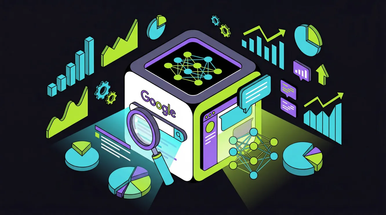 Isometric illustration showing the convergence of traditional Google search and AI chatbot platforms for gen AI SEO optimisation.
