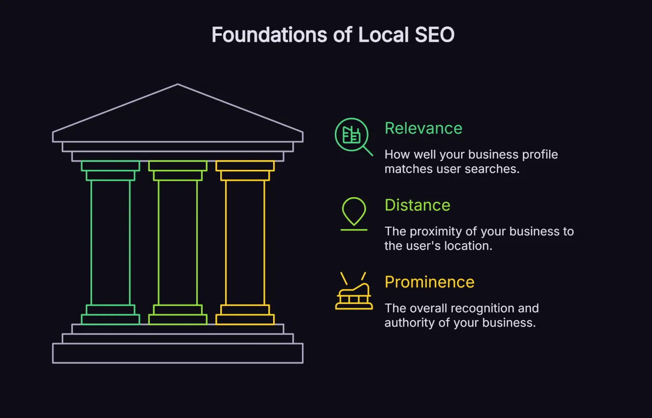 Isometric illustration showing three pillars of local SEO ranking factors: relevance, distance and prominence, each with visual icons representing their components. 