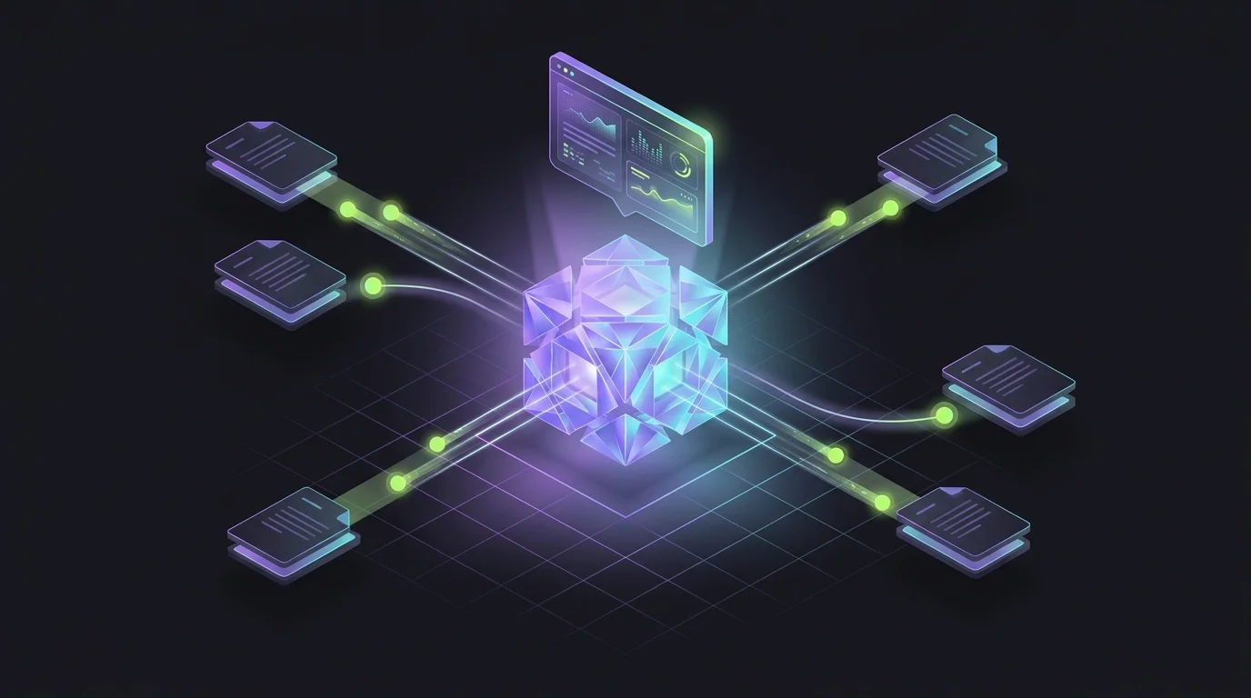 Isometric 3D illustration of an AI generative engine pulling passages from multiple source documents and assembling them into a single cited answer.