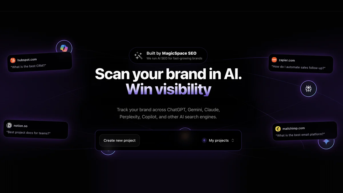 AI SEO Tracker homepage showing brand tracking across ChatGPT, Gemini, Claude and Perplexity