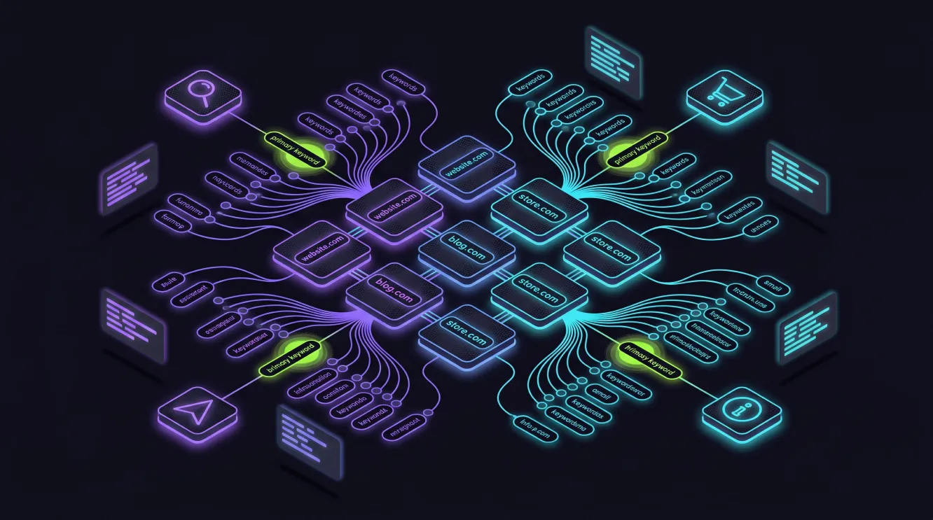 Isometric illustration showing keyword mapping structure with connected URLs and search intent categories for AI SEO strategy.