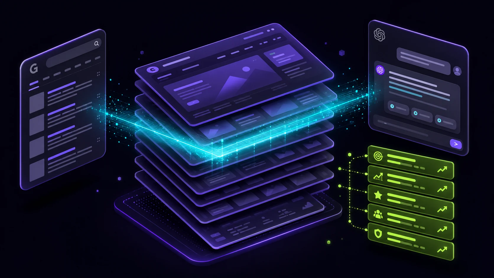 Isometric illustration of a large multi-page website being audited across Google search and AI answer engines, producing a prioritised list of findings