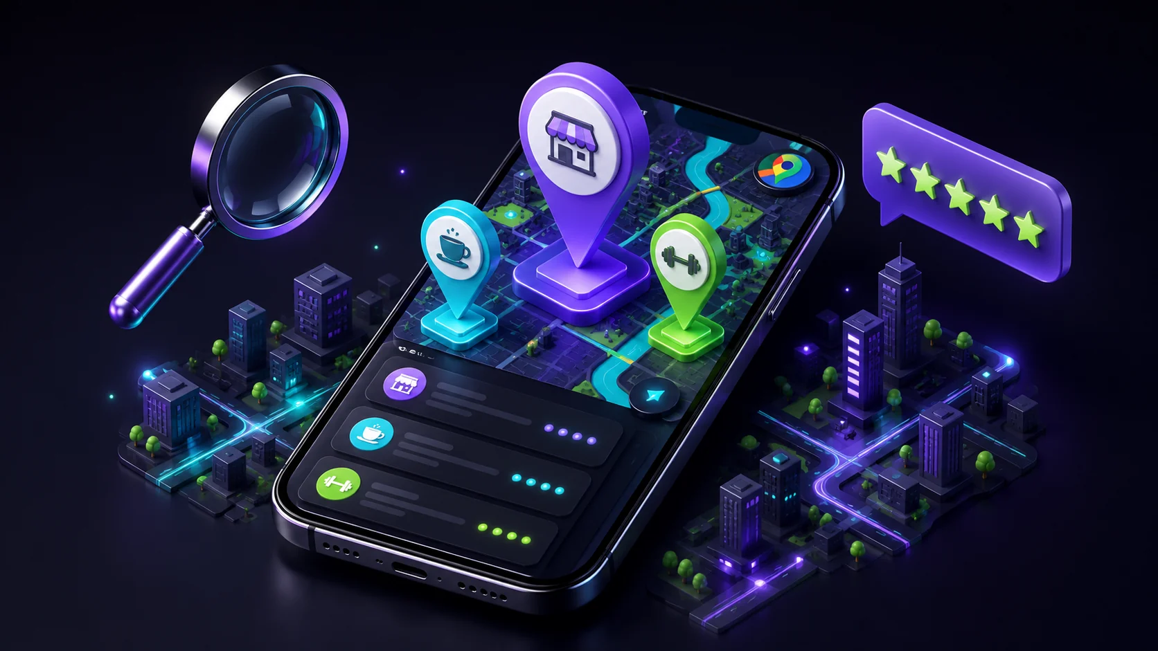 Isometric illustration of a Google Business Profile ranking in the Google local pack