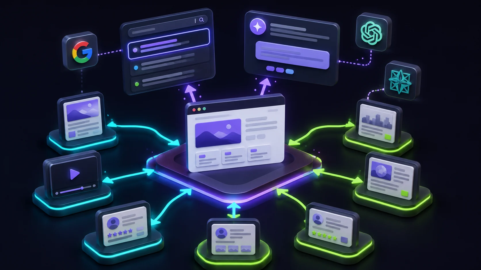 Isometric 3D illustration of a link building campaign, with authority links flowing into a central website that ranks in Google and is cited across AI search