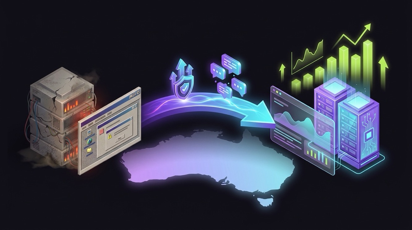 Wide isometric illustration of an SEO migration carrying rankings and AI citations to a new site, with an Australia map silhouette including Tasmania.