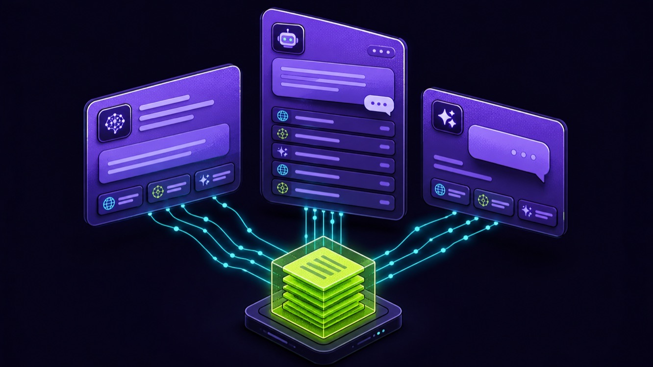 Isometric 3D illustration showing three separate Gemini citation platforms with different source pools connecting to a central search index in purple, cyan and lime green.
