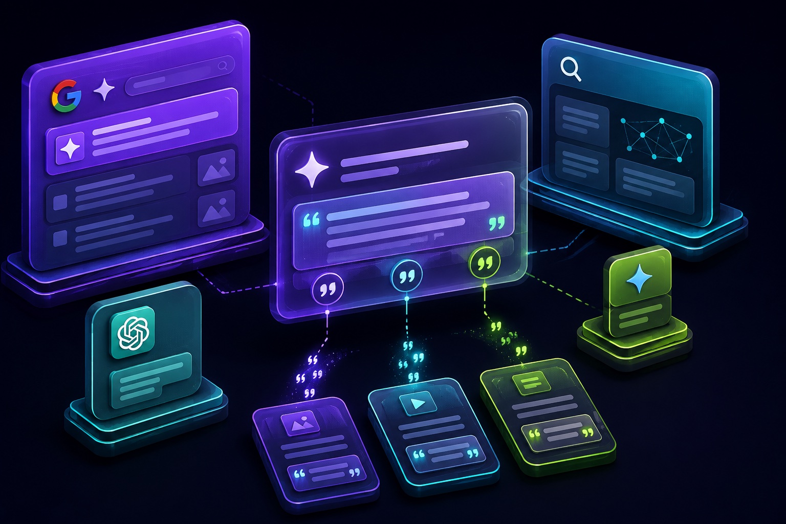 Isometric illustration of an AI answer panel citing three source pages, surrounded by Google AI Overview, AI Mode, ChatGPT and Gemini tiles sized by citation share.
