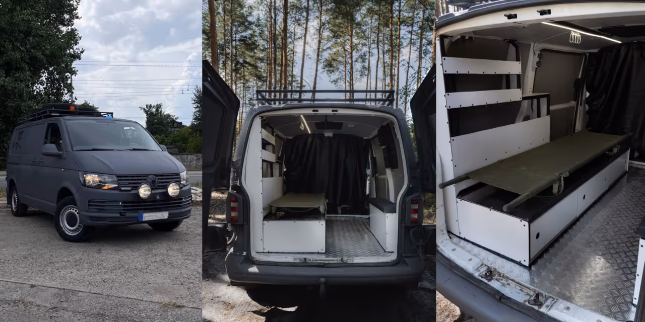 Three views of a gray camper van: front side view parked outdoors, rear with open double doors showing interior with benches, and close-up of interior side bench with green folding cot.