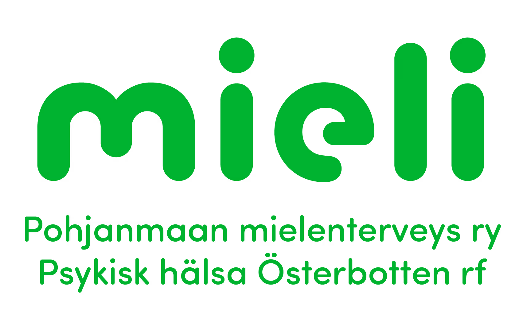 Logo of Mieli with text Pohjanmaan mielenterveys ry Psykisk hälsa Österbotten rf in green.