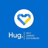 Logo with a heart-shaped design in blue and yellow above text 'Hug.' and 'Help Ukraine Gothenburg' on a blue background.