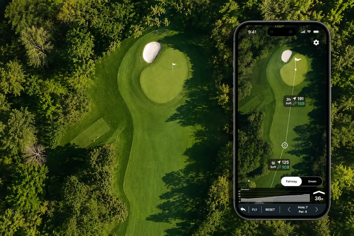 Golf Pad showing a real satellite view of a golf hole next to the actual aerial of the same hole