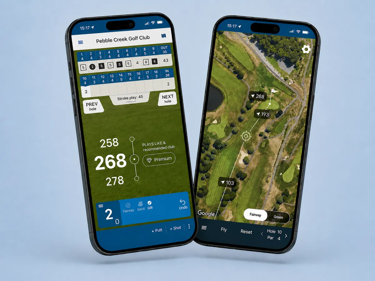 Golf Pad free version during a round showing the scorecard, shot and stat tracking, and the satellite hole map