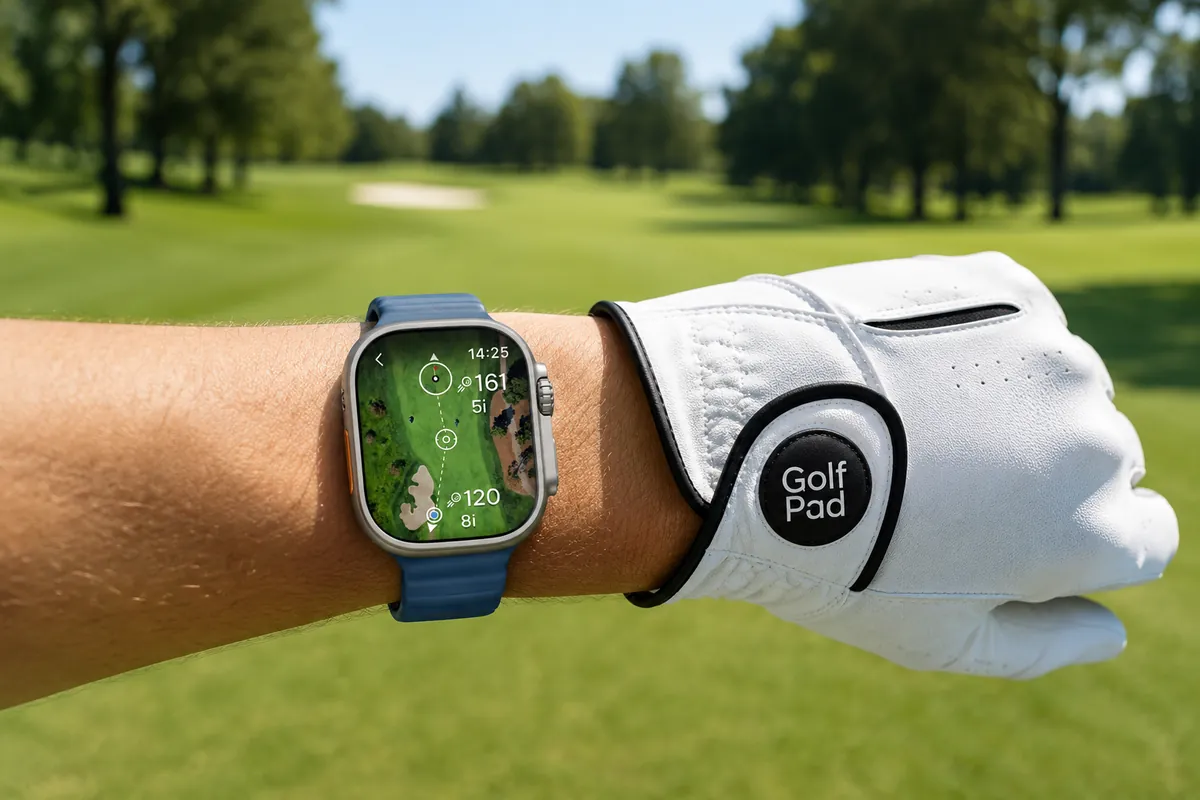 Golf Pad on an Apple Watch showing the real satellite hole map and distances on the wrist
