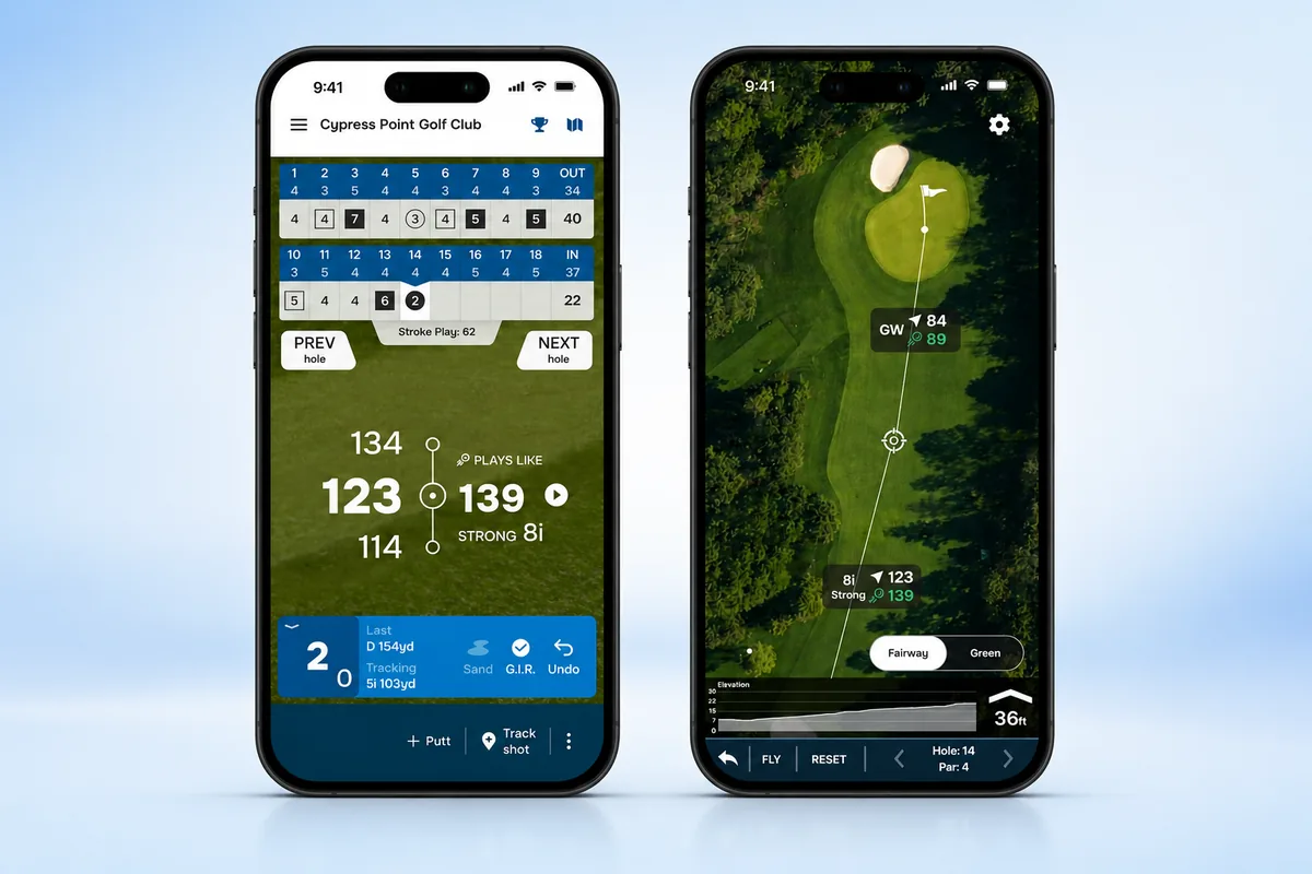Golf Pad GPS app on two phones — a scorecard with plays-like distances and club recommendation, and a satellite hole map showing yardages to the green and elevation
