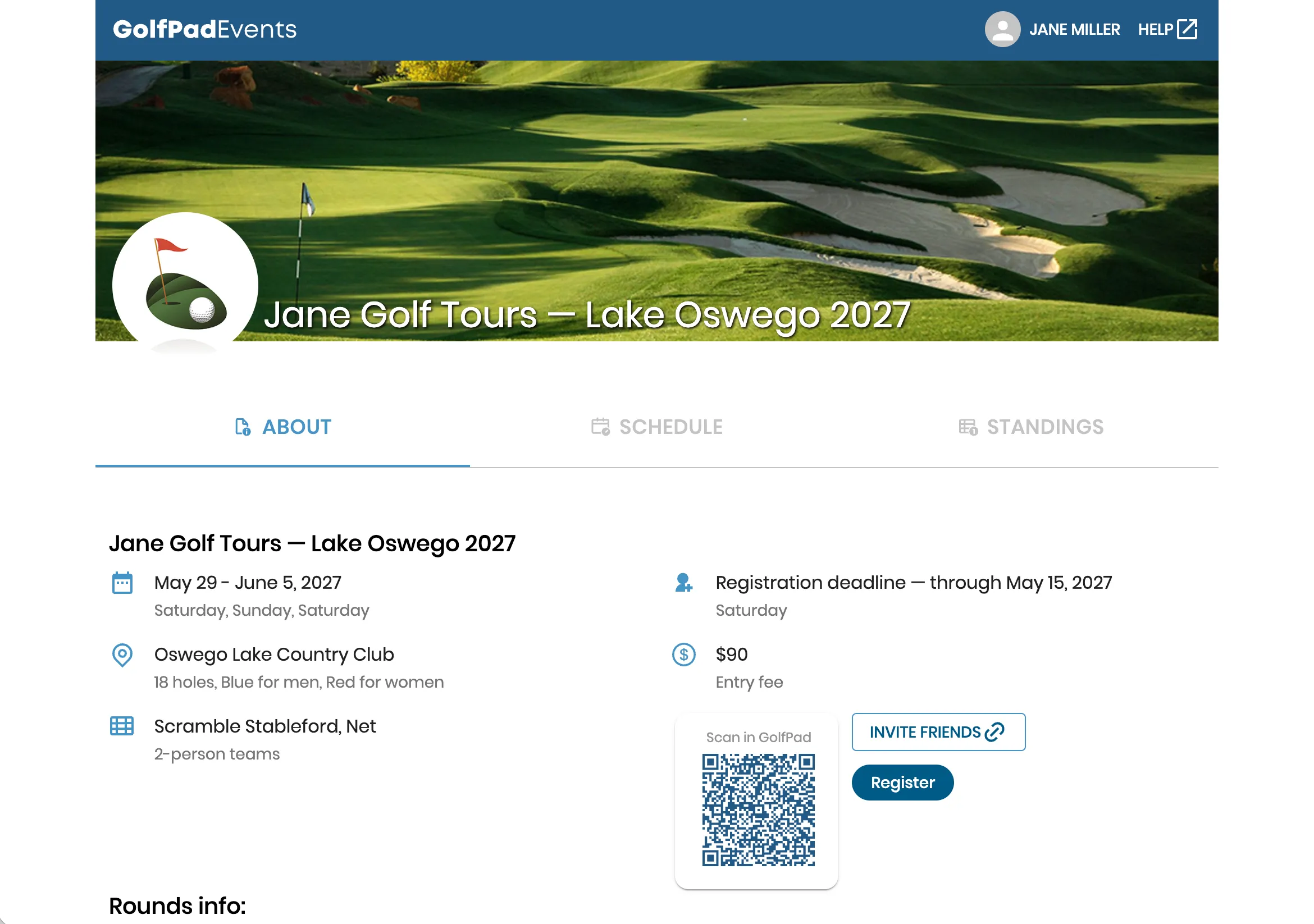 Golf Pad Events tournament page shown on a tablet