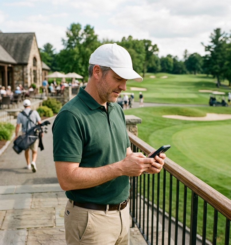 Event organiser checking a phone by the clubhouse