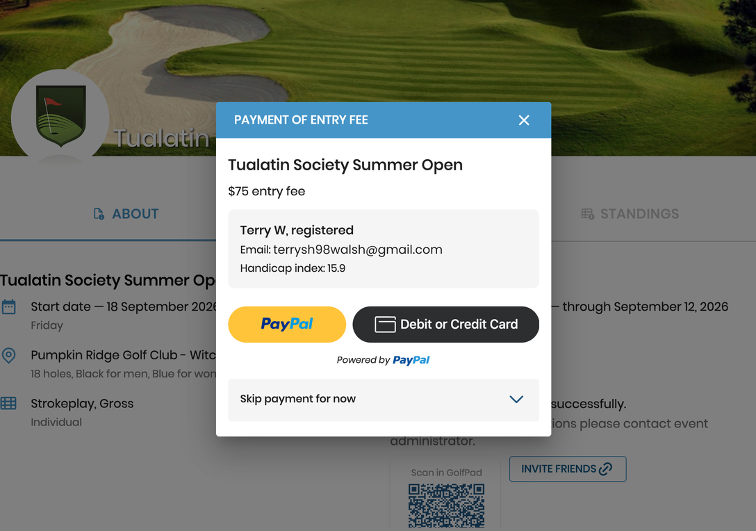 A golfer paying an entry fee online