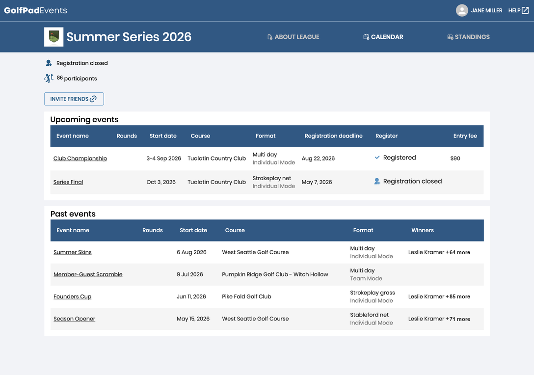 Public league page with the tournament schedule