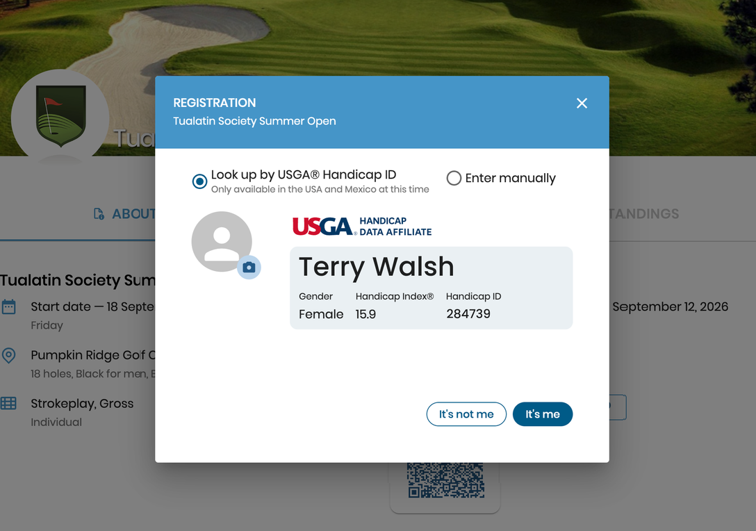 Golfer registration with a USGA Handicap Index