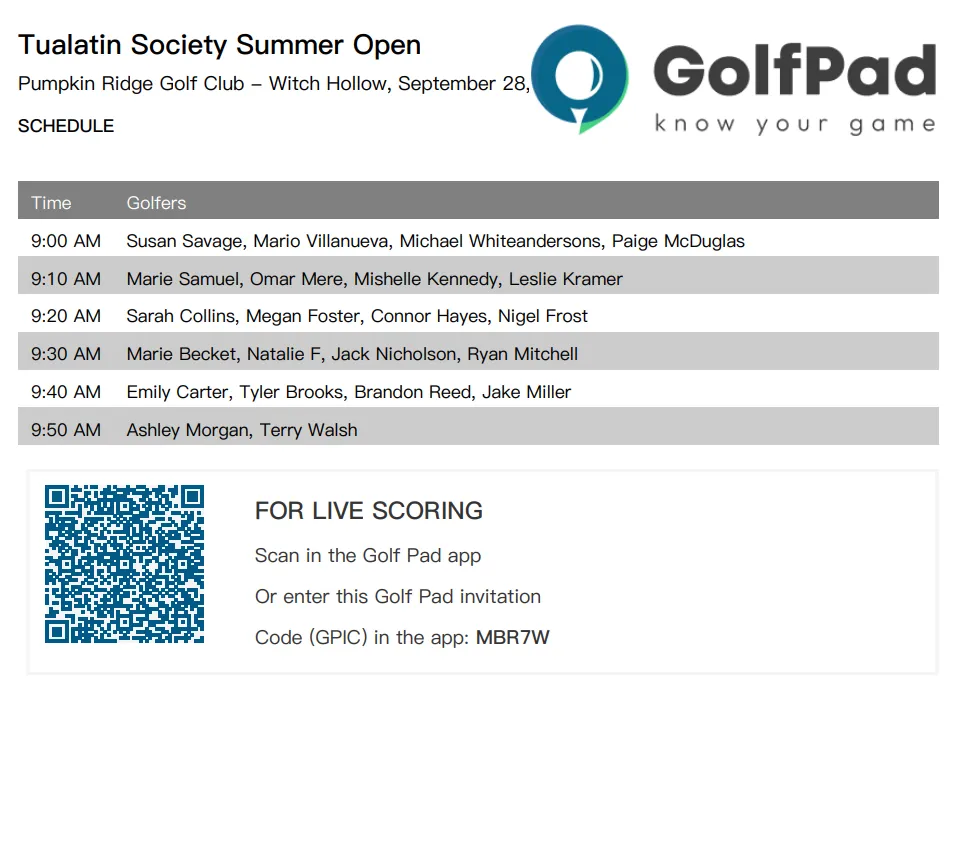 Print-ready material generated from a Golf Pad event