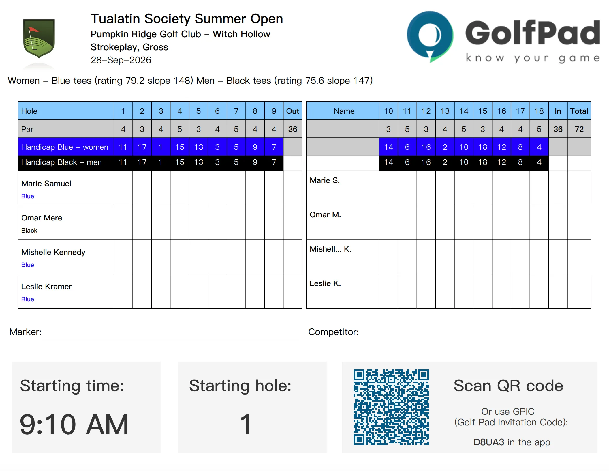 Printed Golf Pad scorecard with tee times, handicaps and a QR code for live scoring