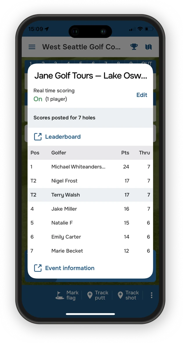 Live scoring in the Golf Pad app