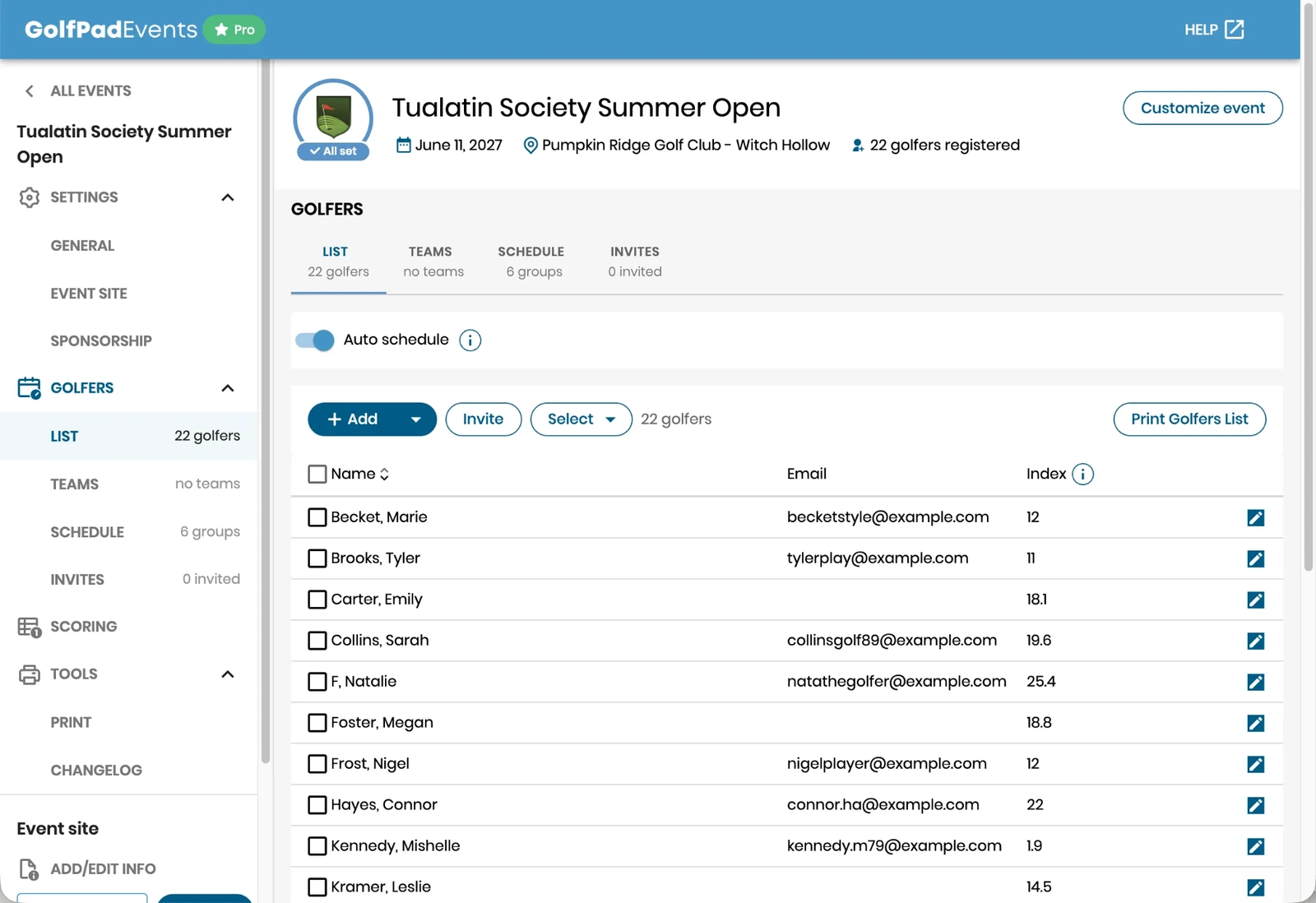 Golf Pad Events admin console with the golfer list of an event